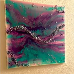 Vibrant Mixed Media Canvas with Purple and Green Accents